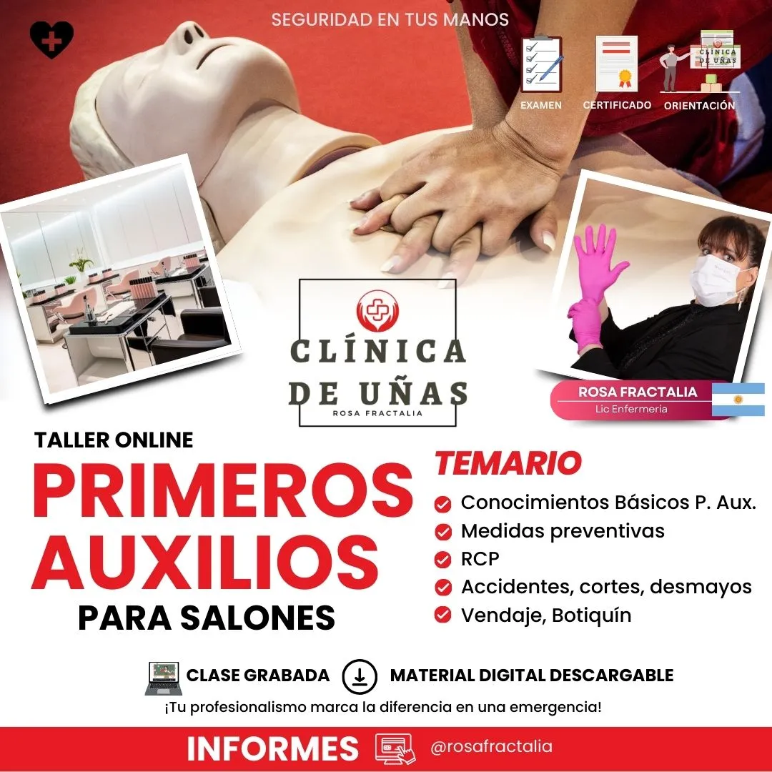 Flyer informativo de la clase online Primeros auxilios para salones