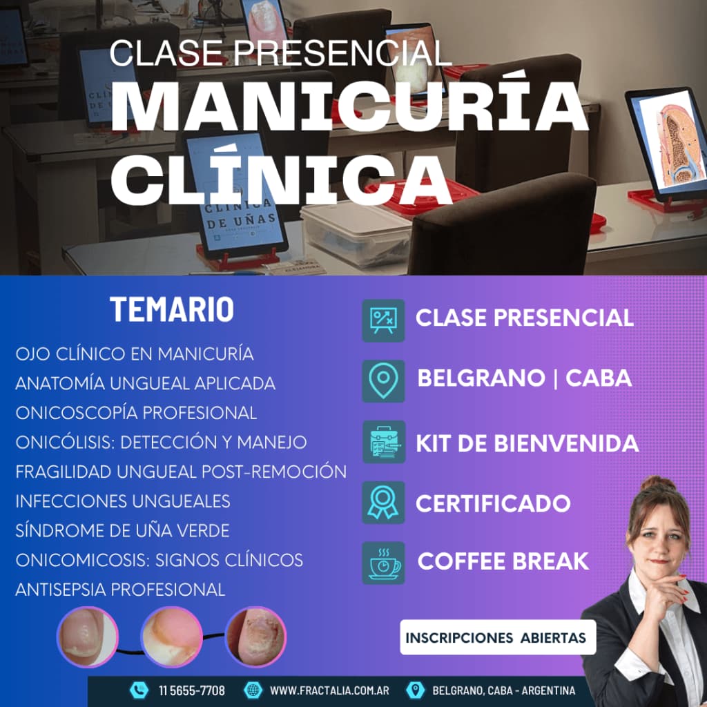 Flyer informativo de la clase presencial Manicuría clínica
