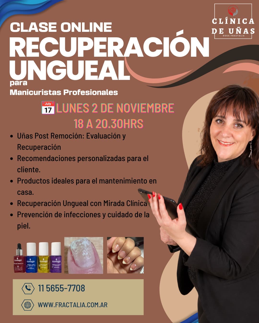Flyer informativo de la clase online en vivo Recuperación ungueal